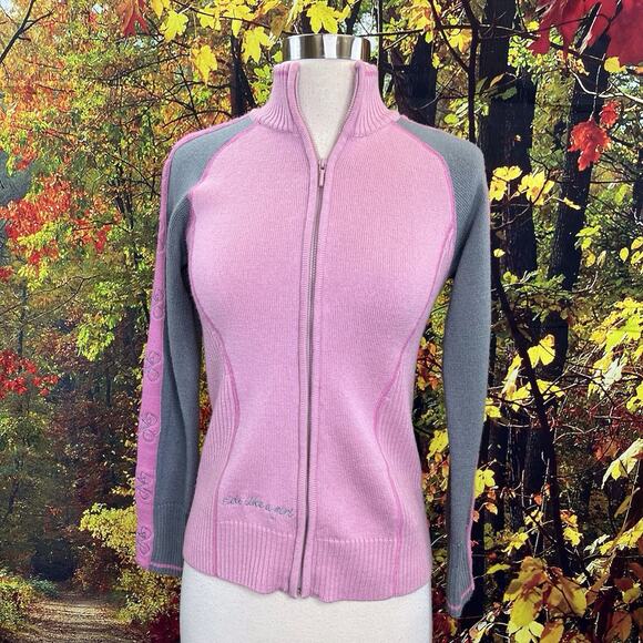 KOOTENAY Knitting Company LTD 100% Merino Wool Zip Up Bike Baby Pink Sweater S - Picture 2 of 9